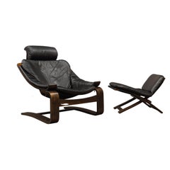 Kroken Lounge Chairs and Ottoman by Ake Fribytter for Nelo Vintage Black Leather
