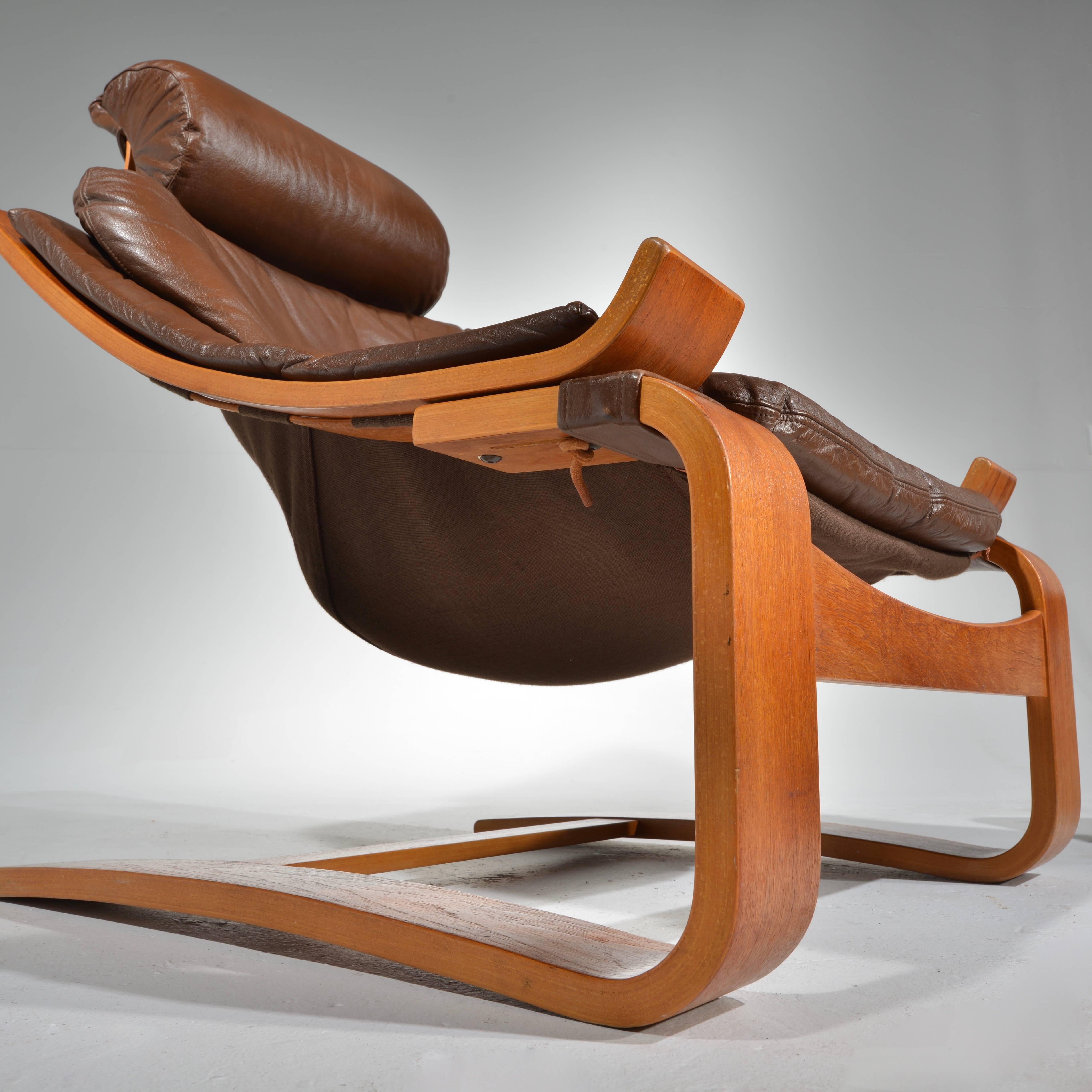 Kroken Teak and Leather Lounge Chair and Stool by Ake Fribytter for Nelo, Sweden 1