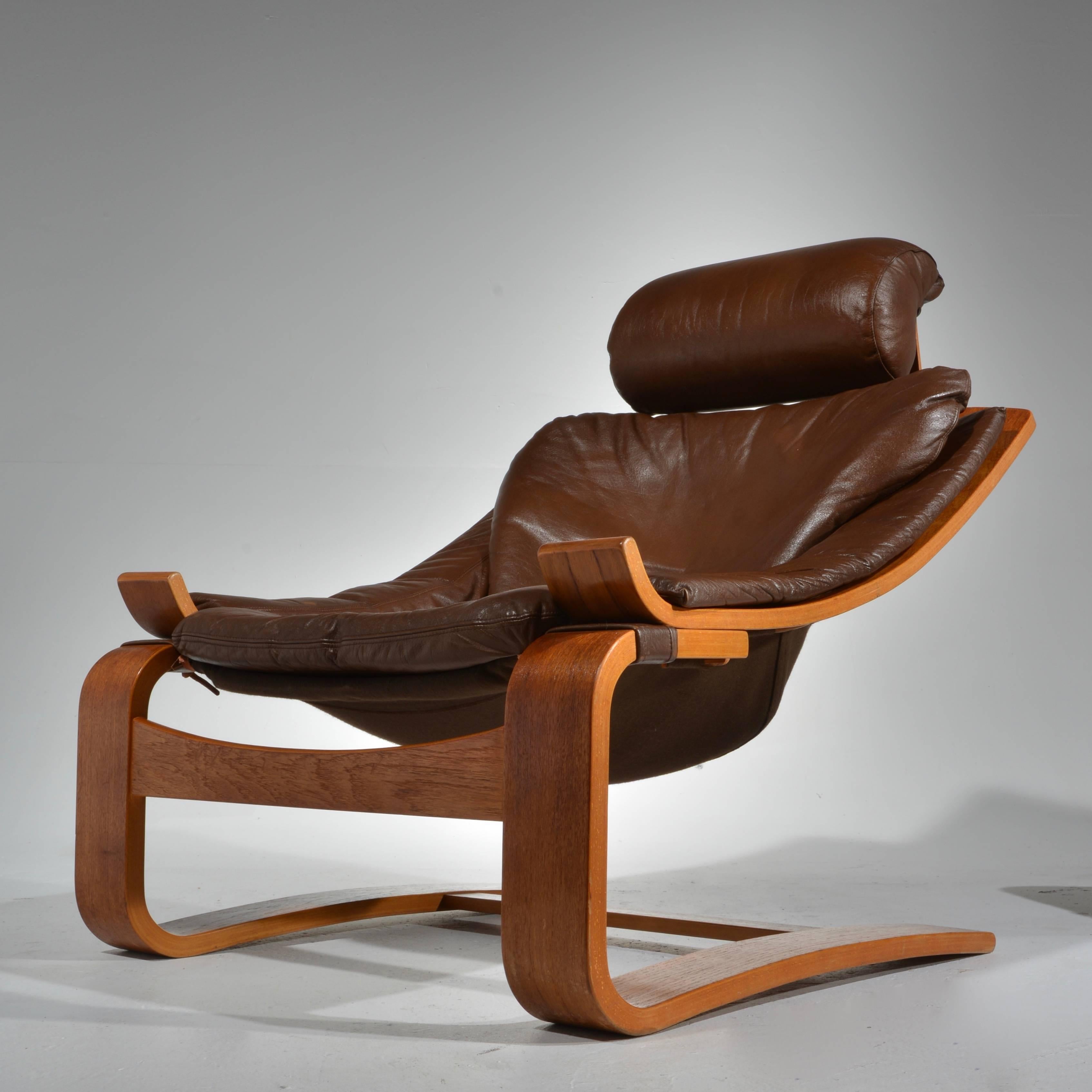 Kroken Teak and Leather Lounge Chair and Stool by Ake Fribytter for Nelo, Sweden 4