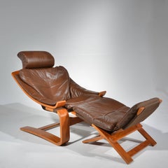 Kroken Teak and Leather Lounge Chair and Stool by Ake Fribytter for Nelo, Sweden