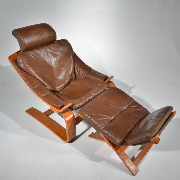 Kroken Teak and Leather Lounge Chair and Stool by Ake Fribytter for Nelo,  Sweden at 1stDibs