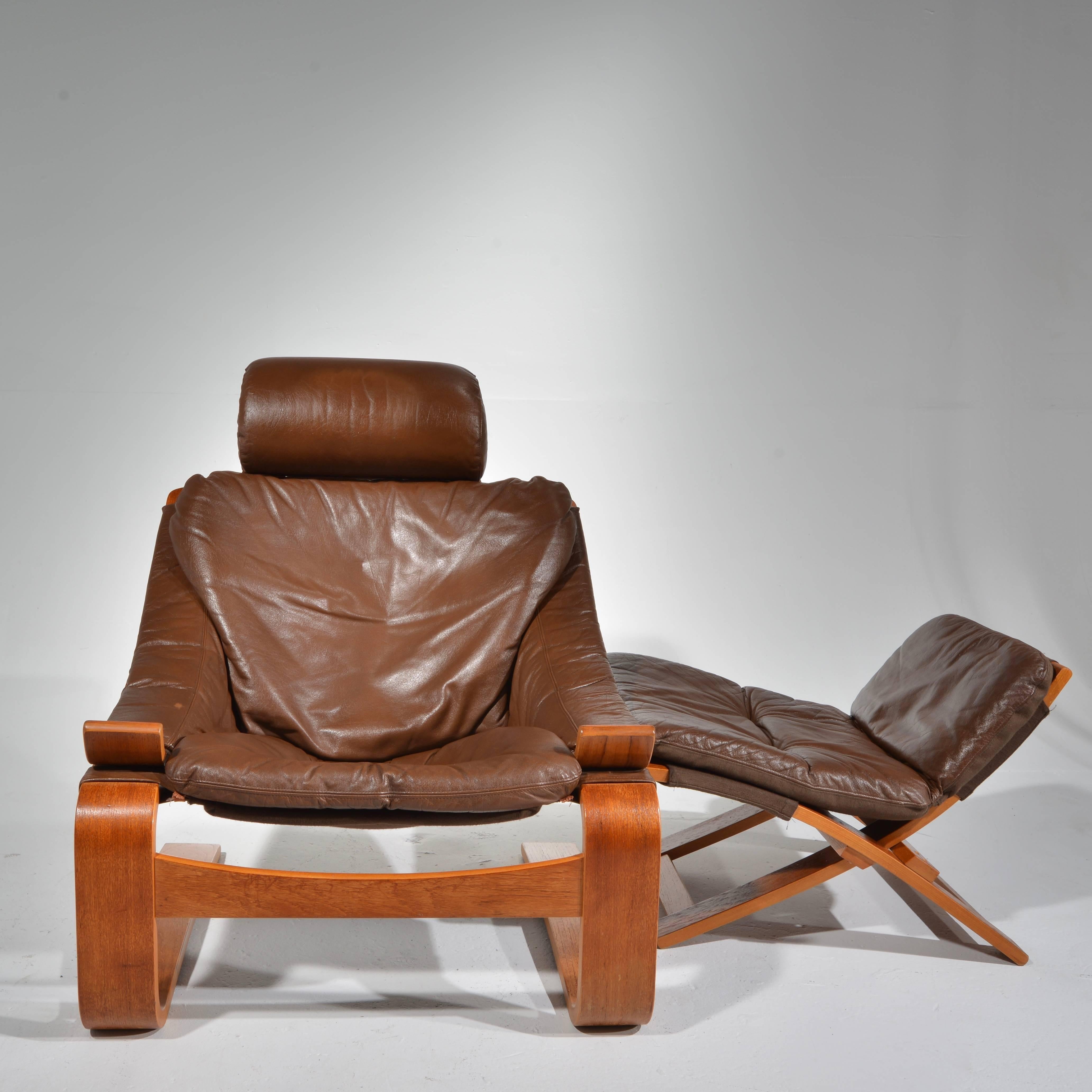 Scandinavian Modern Kroken Teak and Leather Lounge Chair and Stool by Ake Fribytter for Nelo, Sweden