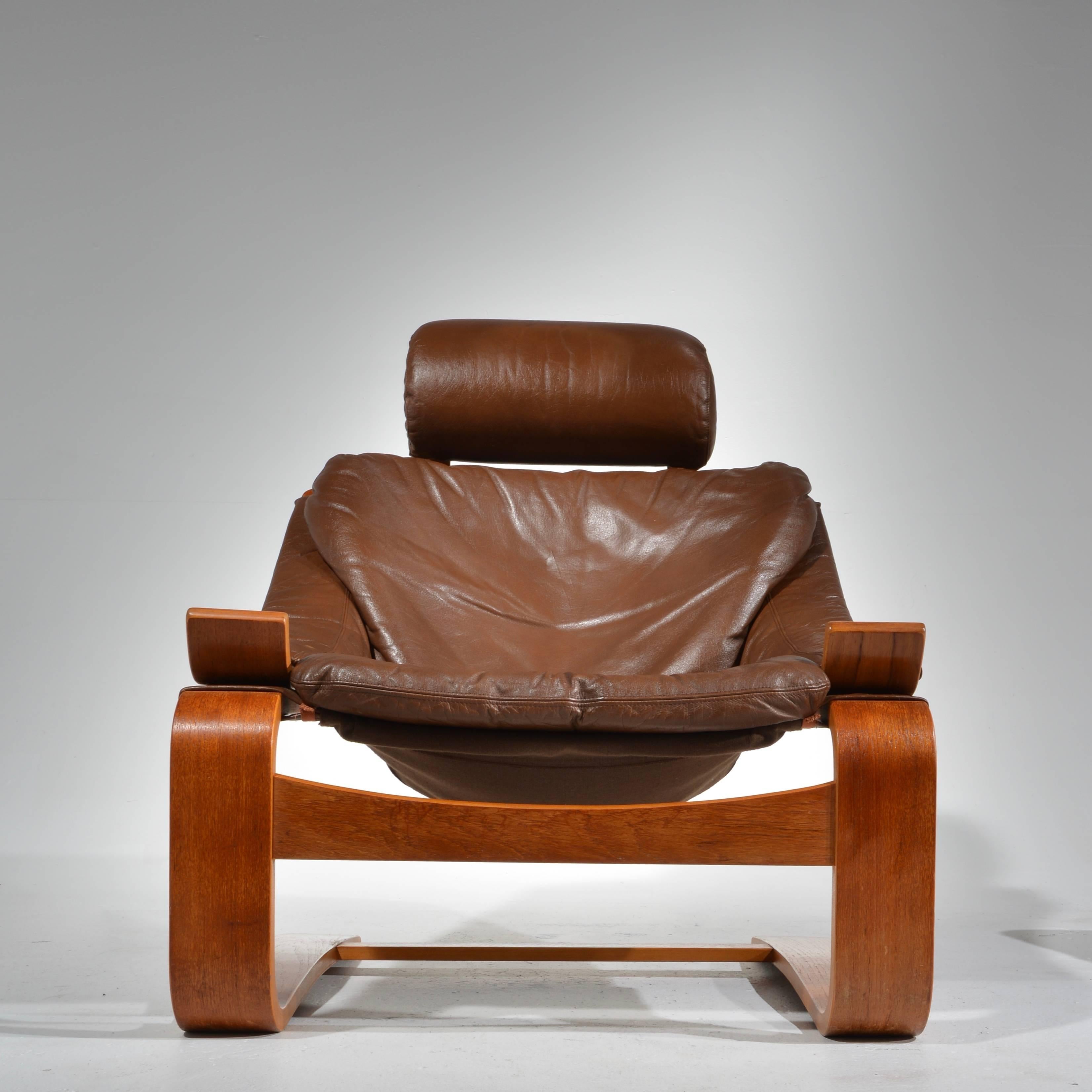 Swedish Kroken Teak and Leather Lounge Chair and Stool by Ake Fribytter for Nelo, Sweden