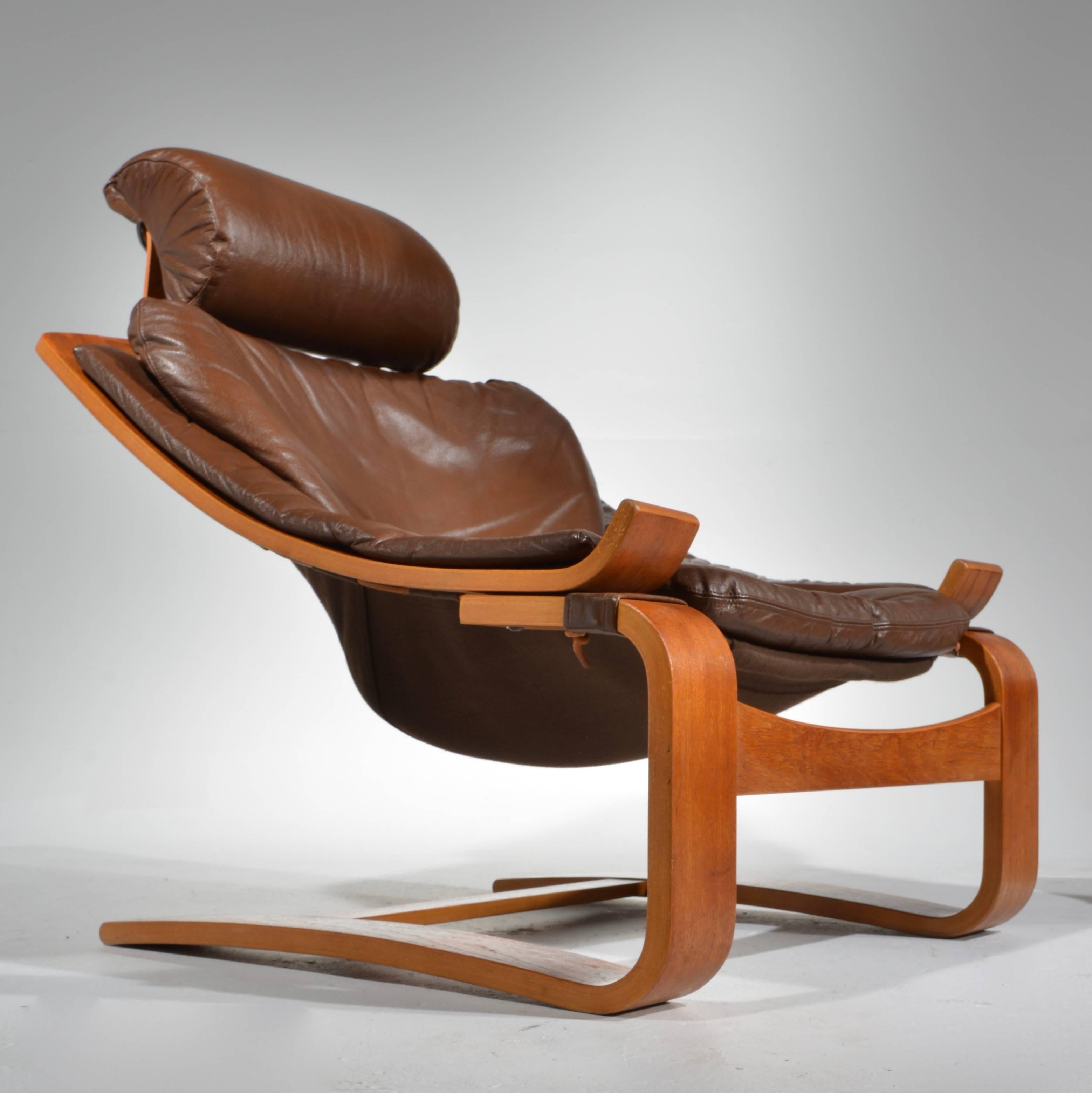 Kroken Teak and Leather Lounge Chair and Stool by Ake Fribytter for Nelo, Sweden In Excellent Condition In Los Angeles, CA