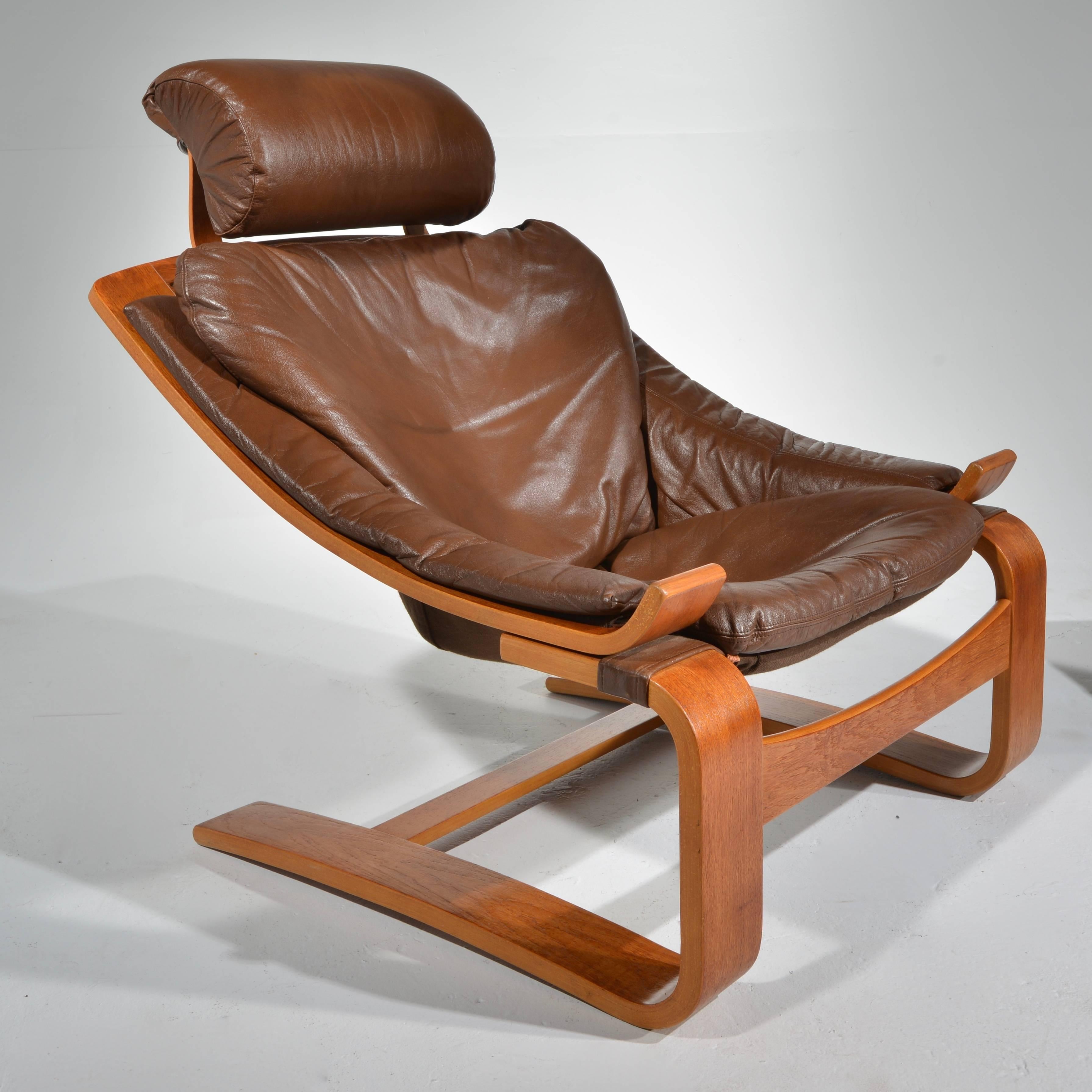 Late 20th Century Kroken Teak and Leather Lounge Chair and Stool by Ake Fribytter for Nelo, Sweden