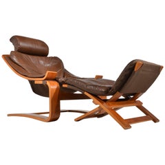 Kroken Teak and Leather Lounge Chair and Stool by Ake Fribytter for Nelo, Sweden