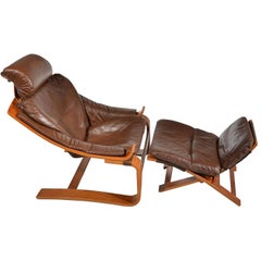 Chaise longue et tabouret Kroken en teck et cuir par Ake Fribytter pour Nelo:: Suède