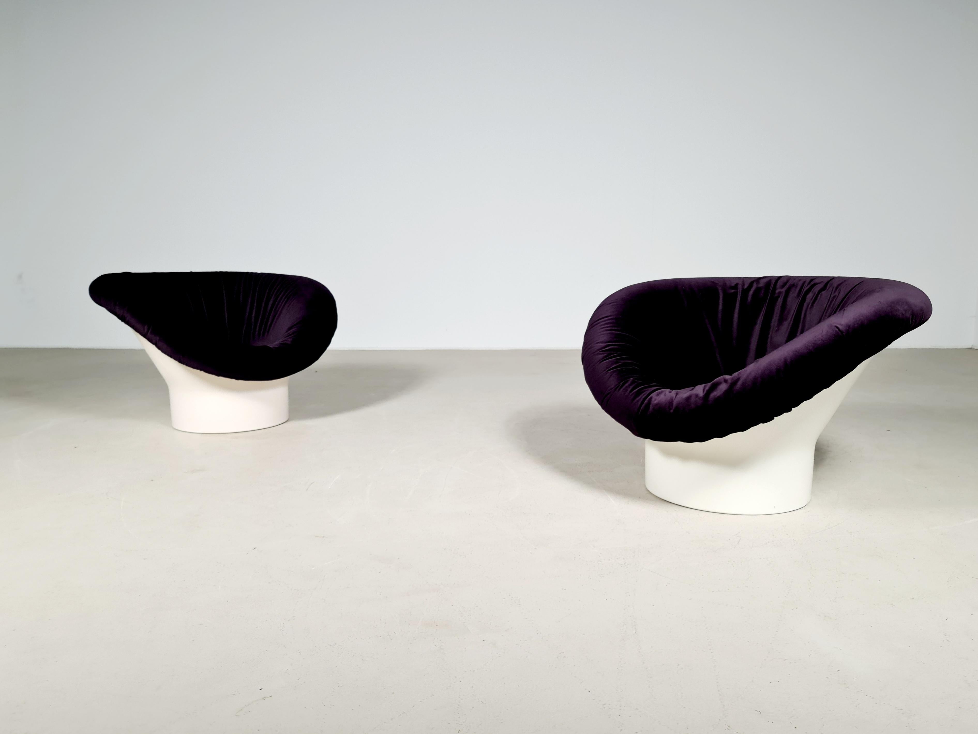 Pop Art 'Krokus' lounge chair by Swedish designer Lennart Bender. Made by Ulferts AB. Molded white fiberglass base with an over sized cushion on top. Reupolstered in a dark purple velvet.