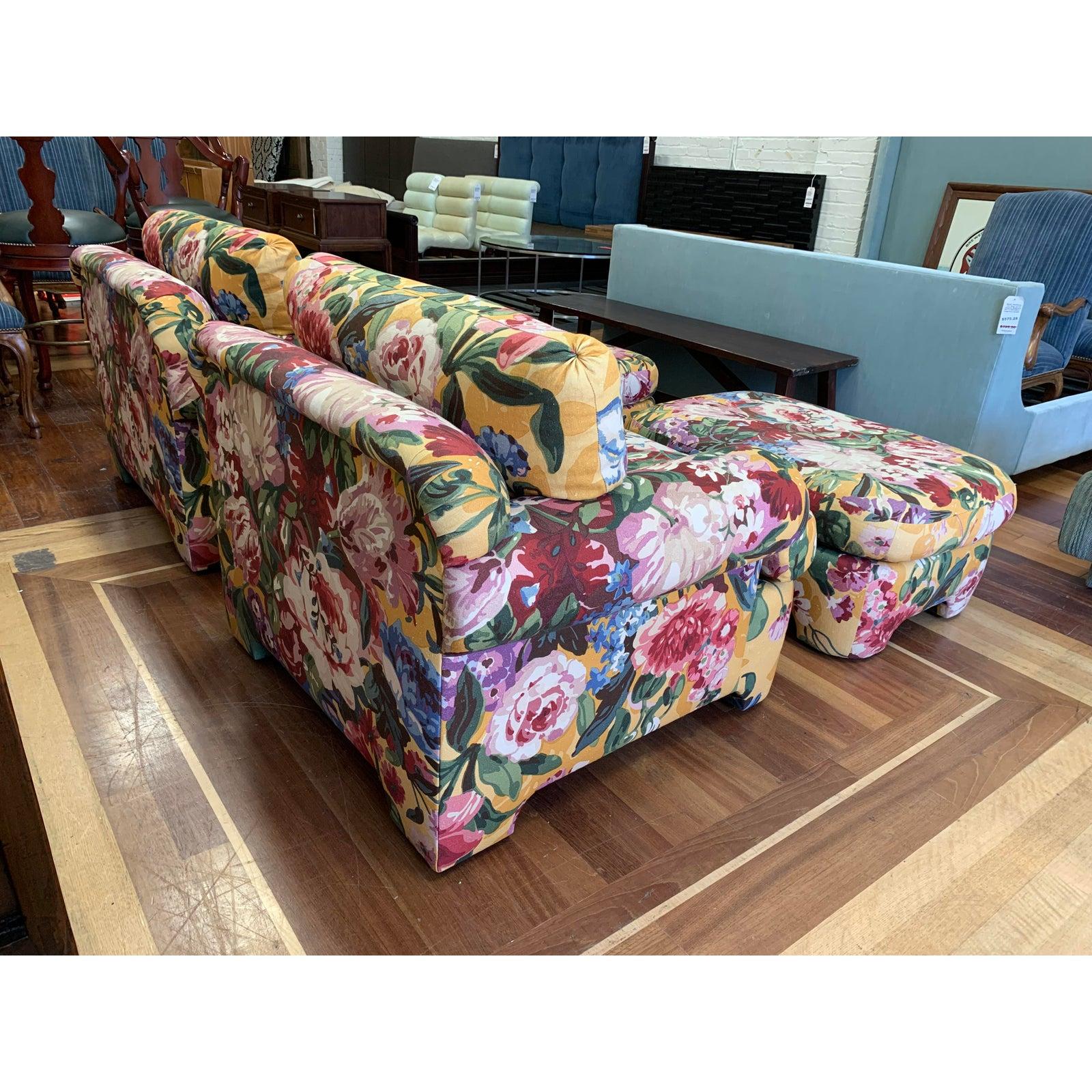 Kroll Furniture Floral Lounge Chairs and Ottomans, a Pair For Sale 1