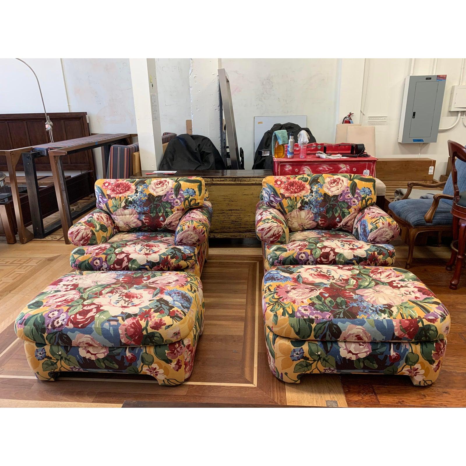 Kroll Furniture Floral Lounge Chairs and Ottomans, a Pair In Good Condition For Sale In San Francisco, CA