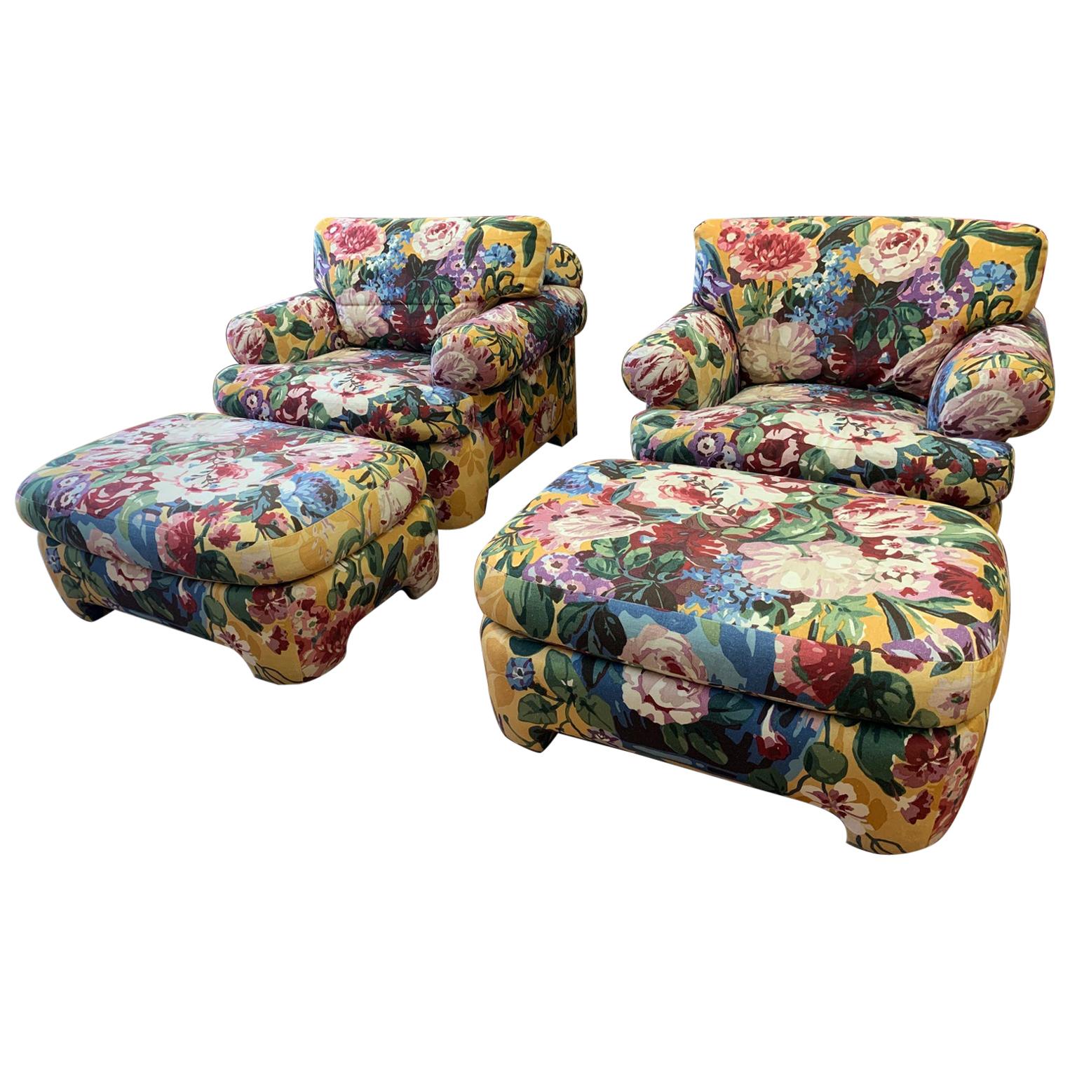Kroll Furniture Floral Lounge Chairs and Ottomans, a Pair For Sale