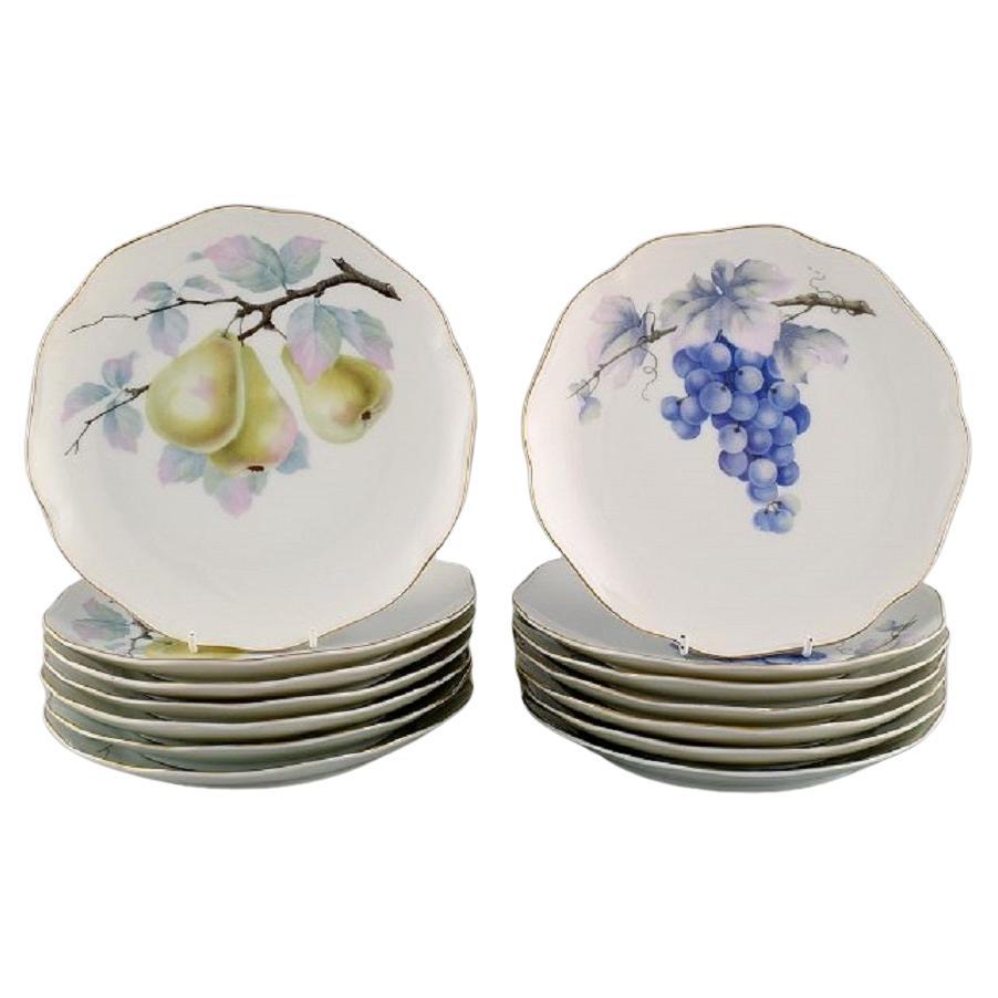 Kronach, Germany, 14 Porcelain Plates with Hand-Painted Fruits, 1940s For Sale