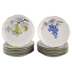 Kronach, Germany, 14 Porcelain Plates with Hand-Painted Fruits, 1940s