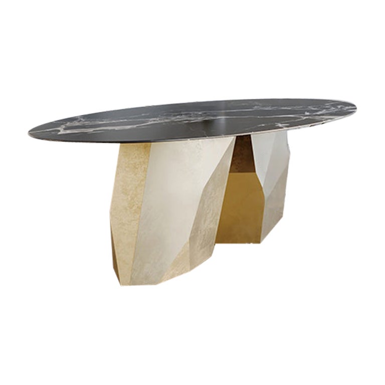 Kronos Dining Table in Brushed Gold Steel Base with Marble Top by :DUFFY