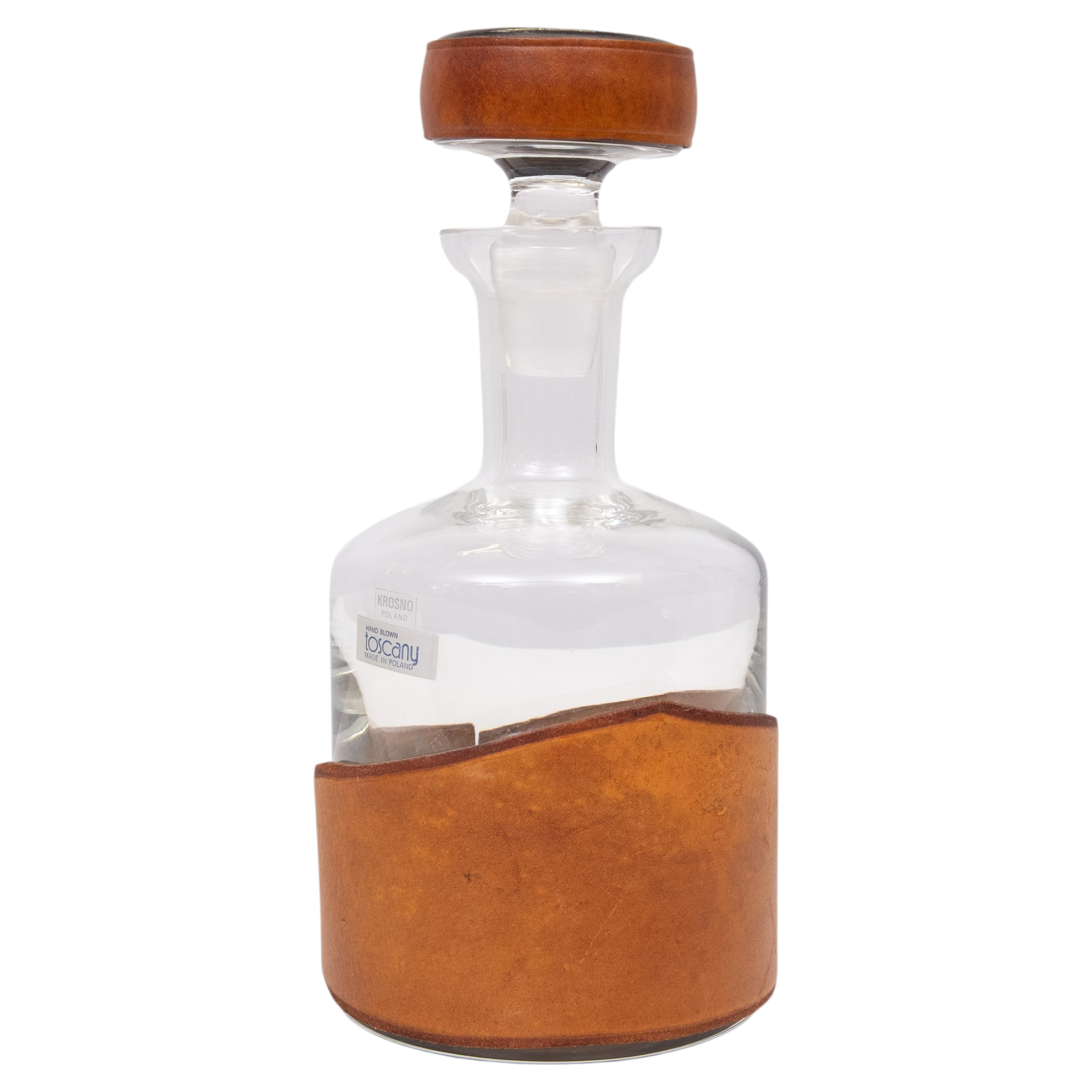 Krosno Poland hand blown Leather rapt Whiskey Bottle