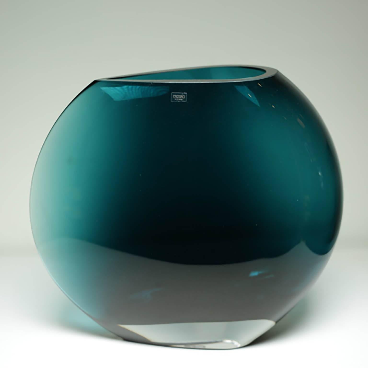Large teal glass vase rounded on one side and pointed on the other. Produced by Krosno Poland.