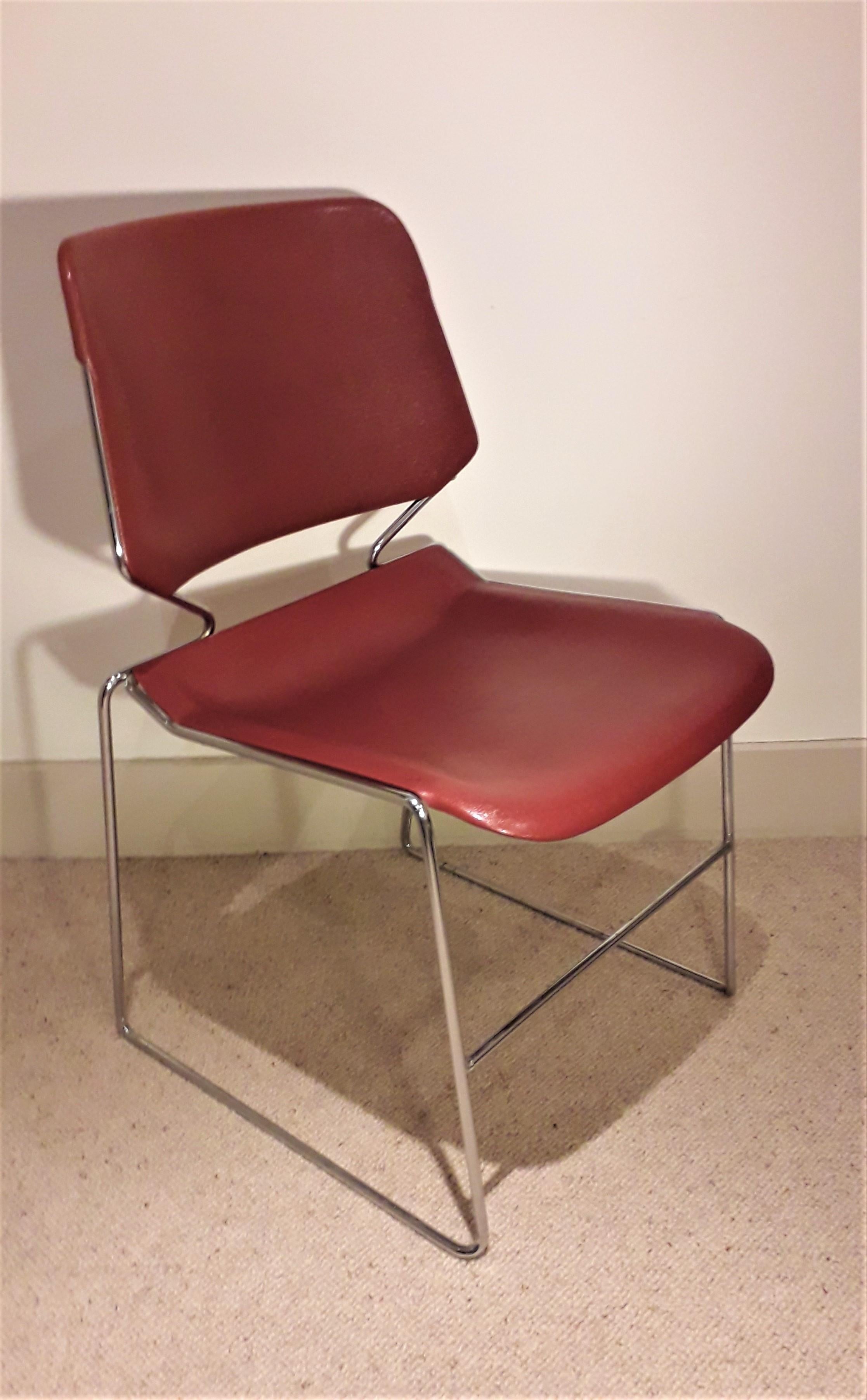 Set of four stackable midcentury Krueger Matrix chair
Manufactured in the USA in the 1970s
Clean and minimalistic design by Thomas Tolleson

Chairs are very comfortable and condition overall is good with the odd barely noticeable old mark, all