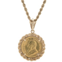 Krugerrand 1982 ¼ Oz Coin Necklace on 14 Karat Yellow Gold Rope Chain