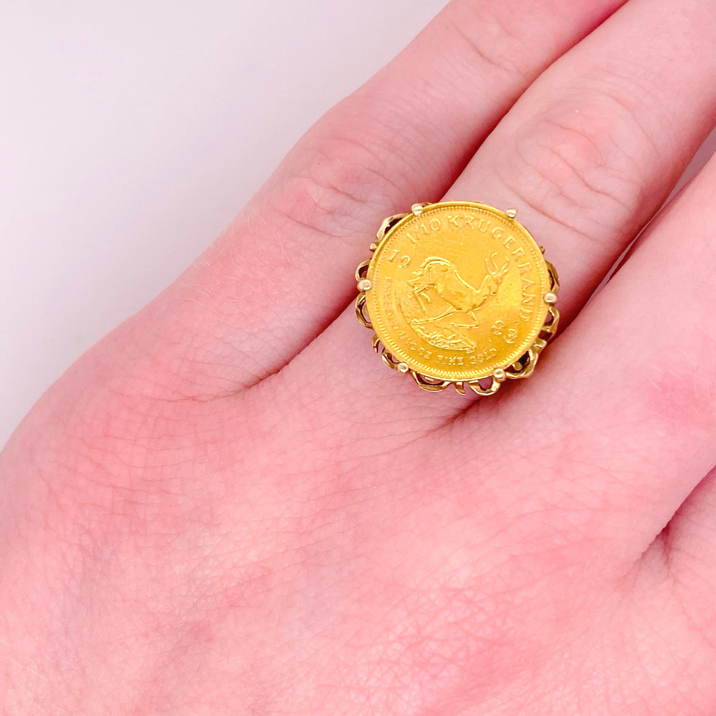 1983 Gold 1/20th oz Krugerrand (Genuine 22 karat yellow gold coin from South Africa) with ladies filigree ring setting. It is beautiful from every direction!
Metal Quality: 14 Yellow Gold
Top Of Ring Measurements: 18.1 mm x 19.5 mm
Band Width: 2