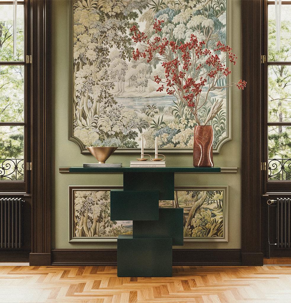 The Kruz console table embodies a bold brutalist aesthetic, characterized by its pure cubic forms and sculptural presence. Designed by Hermhaus, this striking piece commands attention, making a strong statement in any space. Whether placed in an
