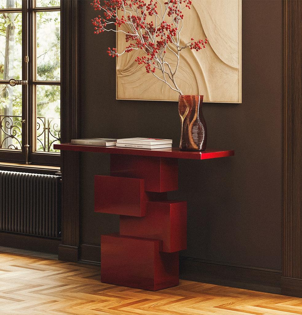 The Kruz console table embodies a bold brutalist aesthetic, characterized by its pure cubic forms and sculptural presence. Designed by Hermhaus, this striking piece commands attention, making a strong statement in any space. Whether placed in an