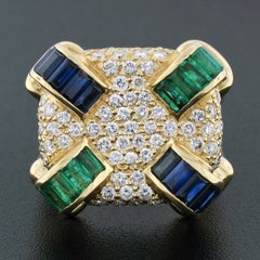 Krypell 14k Gold 6.65ctw Diamond Channel Emerald & Sapphire Large Cushion Ring