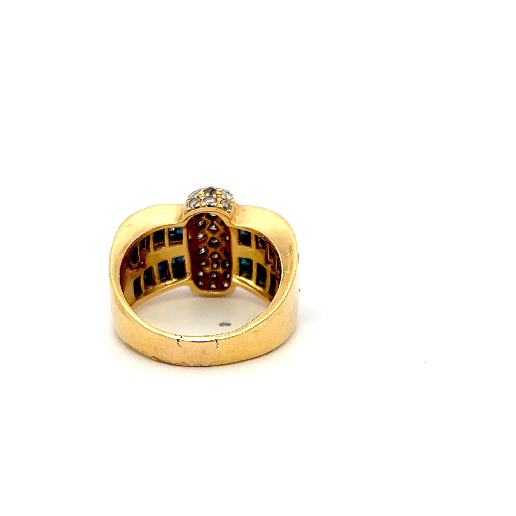 Taglio baguette Anello da cocktail Krypell con zaffiro da 1,50 carati e diamante rotondo da 0,66 carati 18K YG in vendita