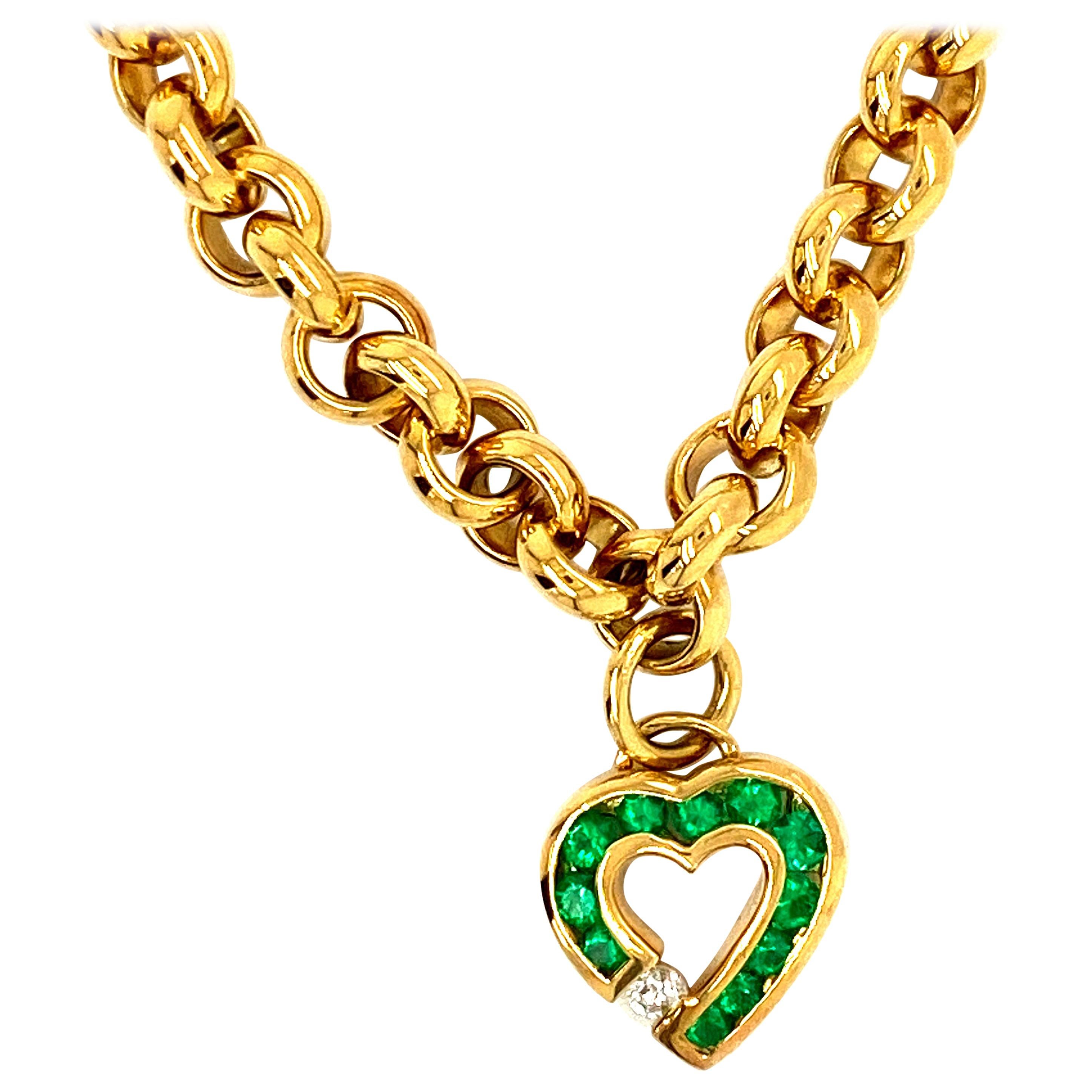 Krypell 18 Karat Gold Link Bracelet with Emerald and Diamond Heart Charm