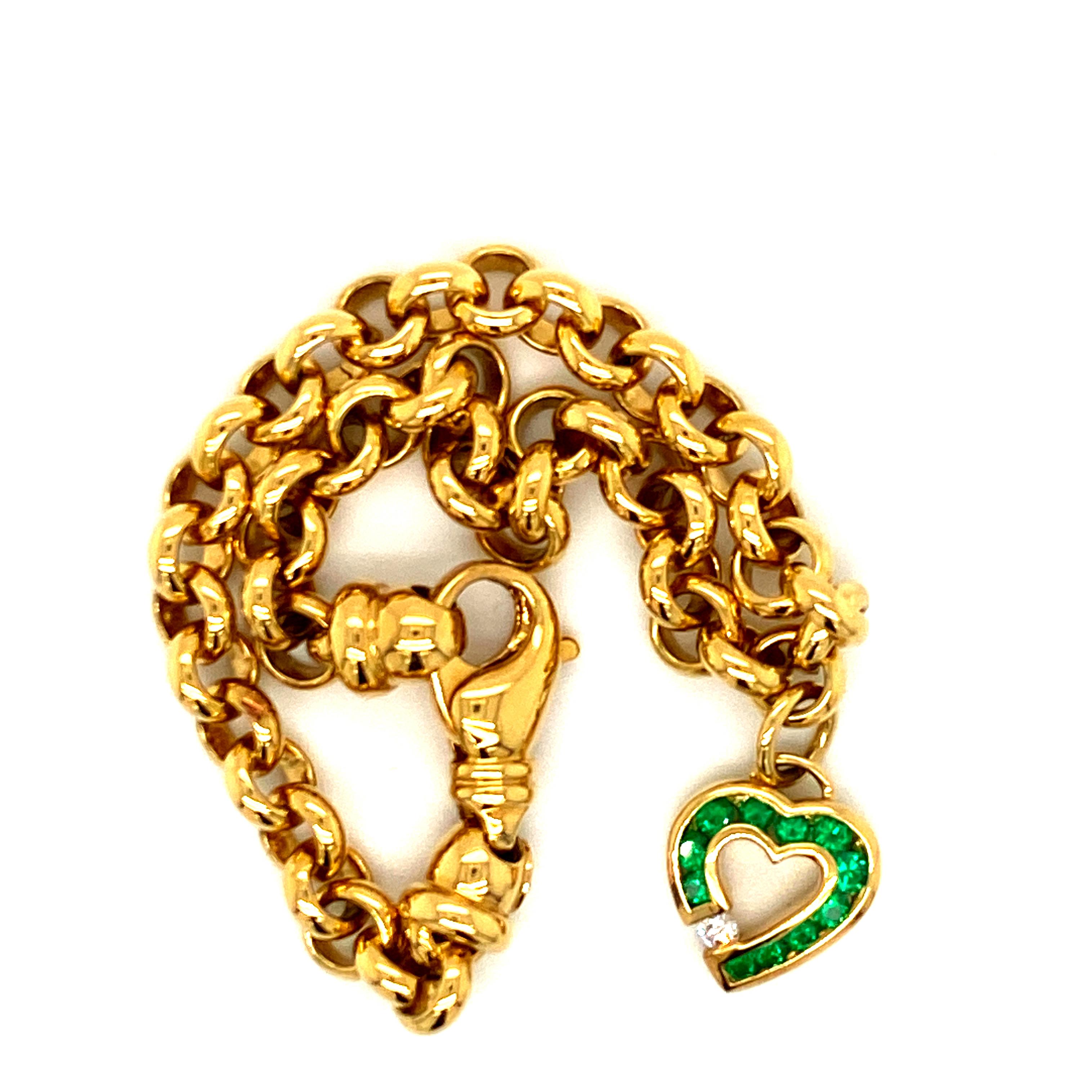 This Krypell 18k gold link charm bracelet contains 11 intensely green emeralds with at approximately 1/3ct total weight, accented by a single round brilliant diamond of approximately .05ct.  This charm, in Krypell's colored gemstone and single