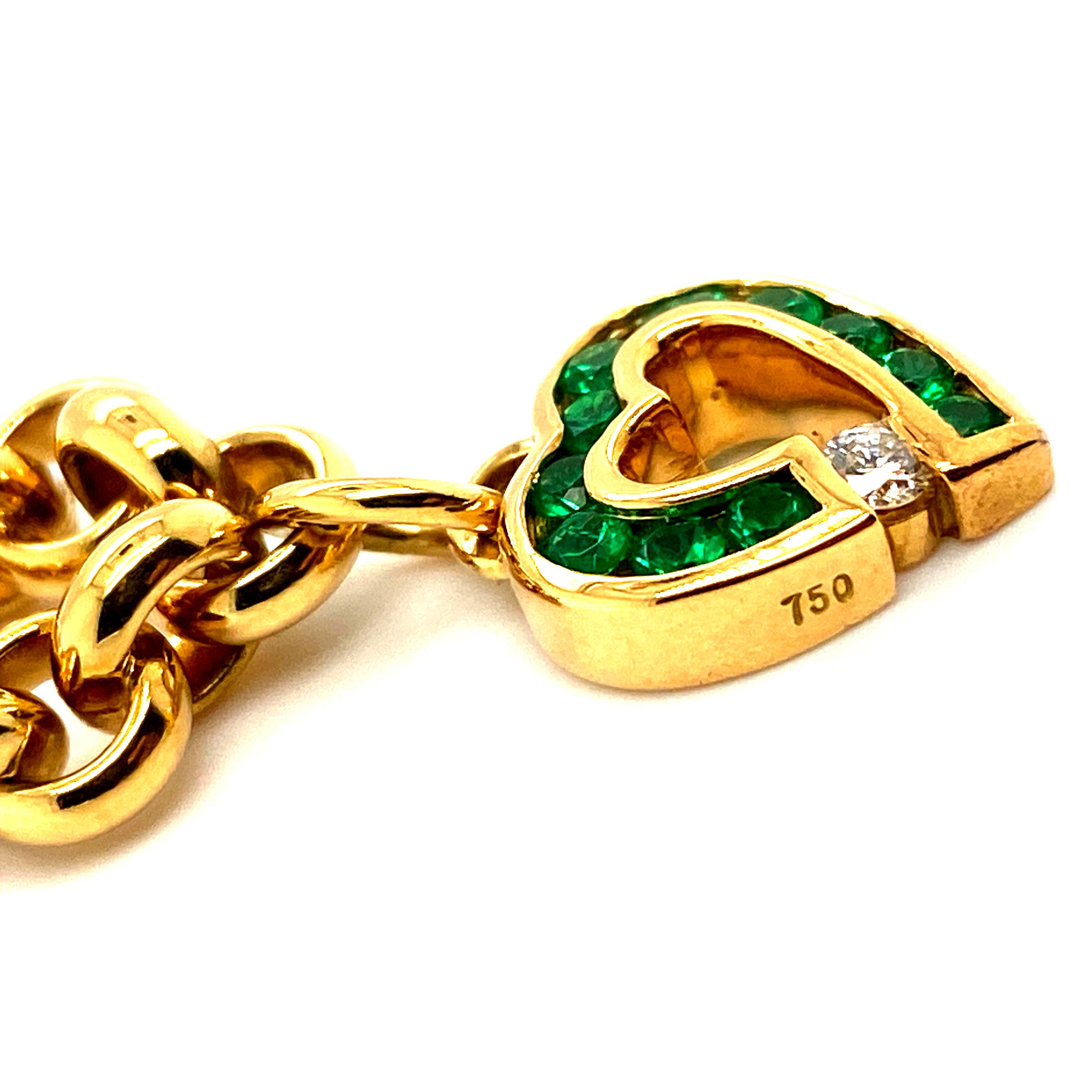 Modern Krypell 18 Karat Gold Link Bracelet with Emerald and Diamond Heart Charm