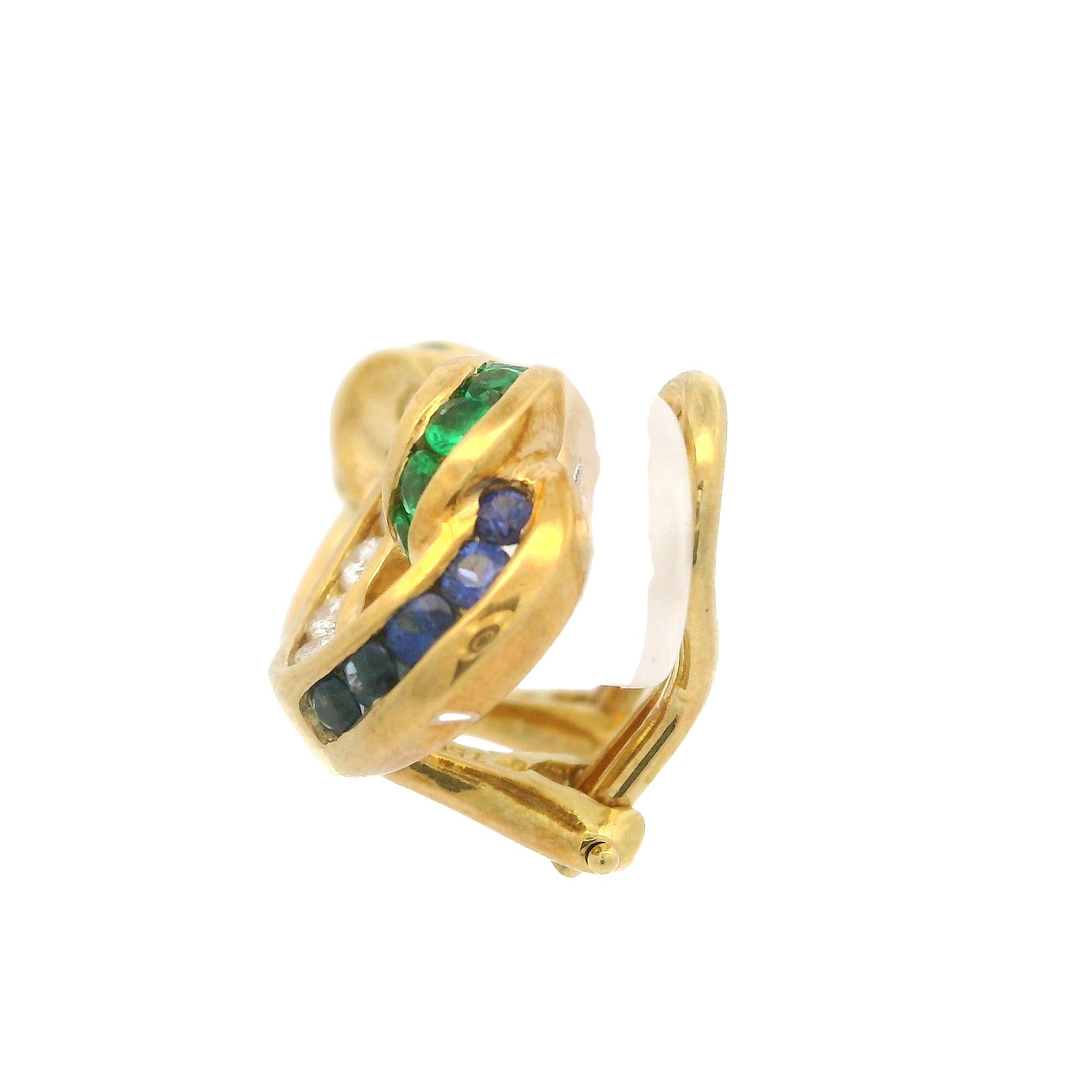 Krypell 18k Yellow Gold Emerald Sapphire & Diamond Swirl Clip On Earrings In Excellent Condition In Montclair, NJ