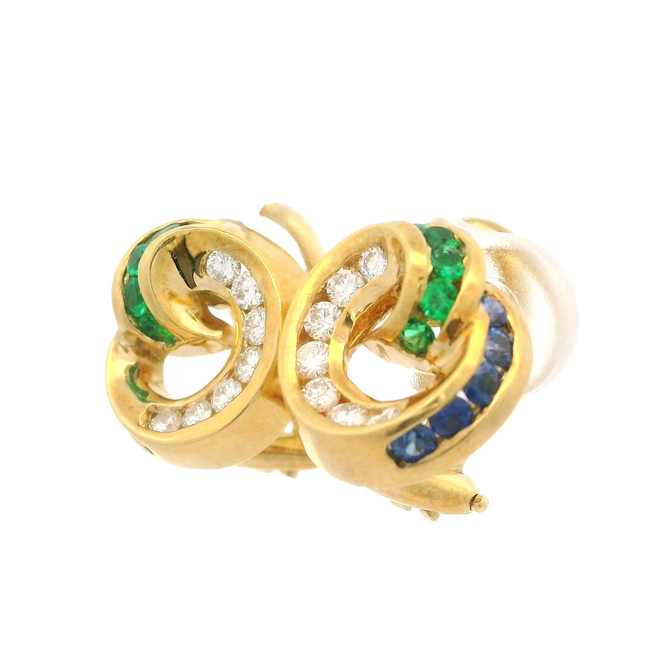 Krypell 18k Yellow Gold Emerald Sapphire & Diamond Swirl Clip On Earrings 1