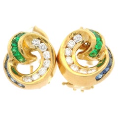 Krypell 18k Yellow Gold Emerald Sapphire & Diamond Swirl Clip On Earrings