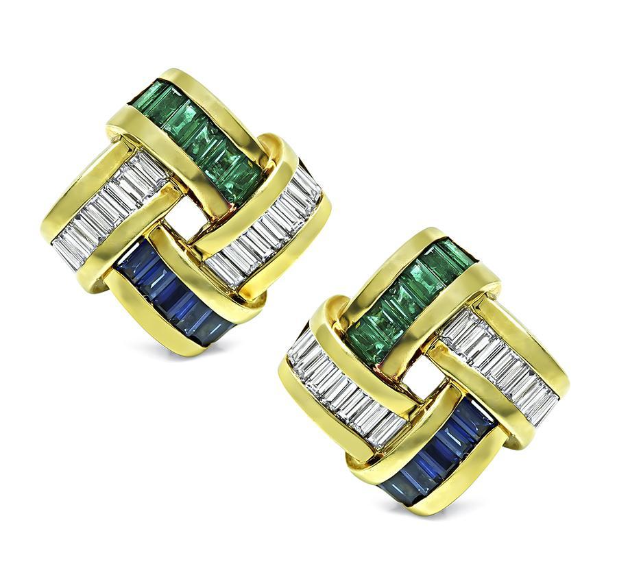 This is a stunning pair of 18k yellow gold earrings by Krypell. The earrings feature sparkling baguette cut diamonds that weigh approximately 2.00ct. The color of these diamonds is E with VS clarity. The diamonds are accentuated by lovely baguette