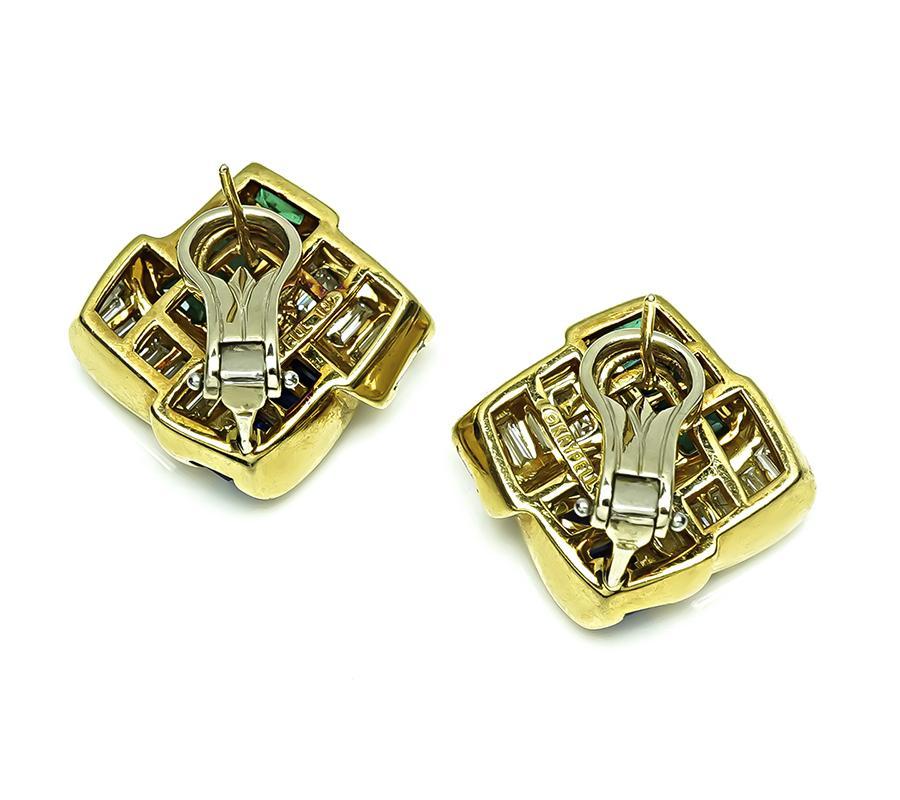 Baguette Cut Krypell 2.00ct Diamond 0.95ct Emerald 0.85ct Sapphire Earrings For Sale