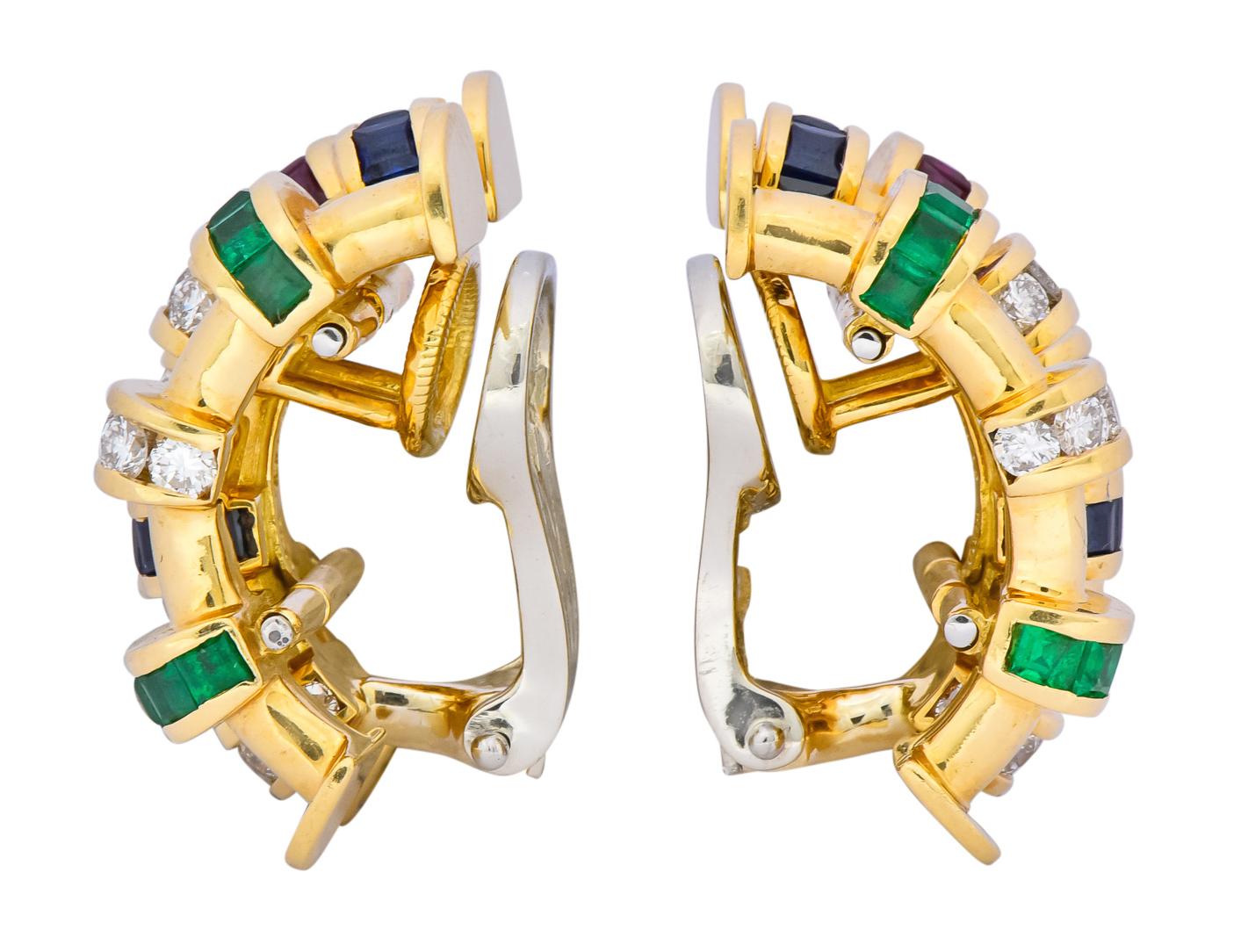 Round Cut Krypell 4.40 CTW Sapphire Ruby Emerald Diamond 18 Karat Gold Ear-Clip Earrings