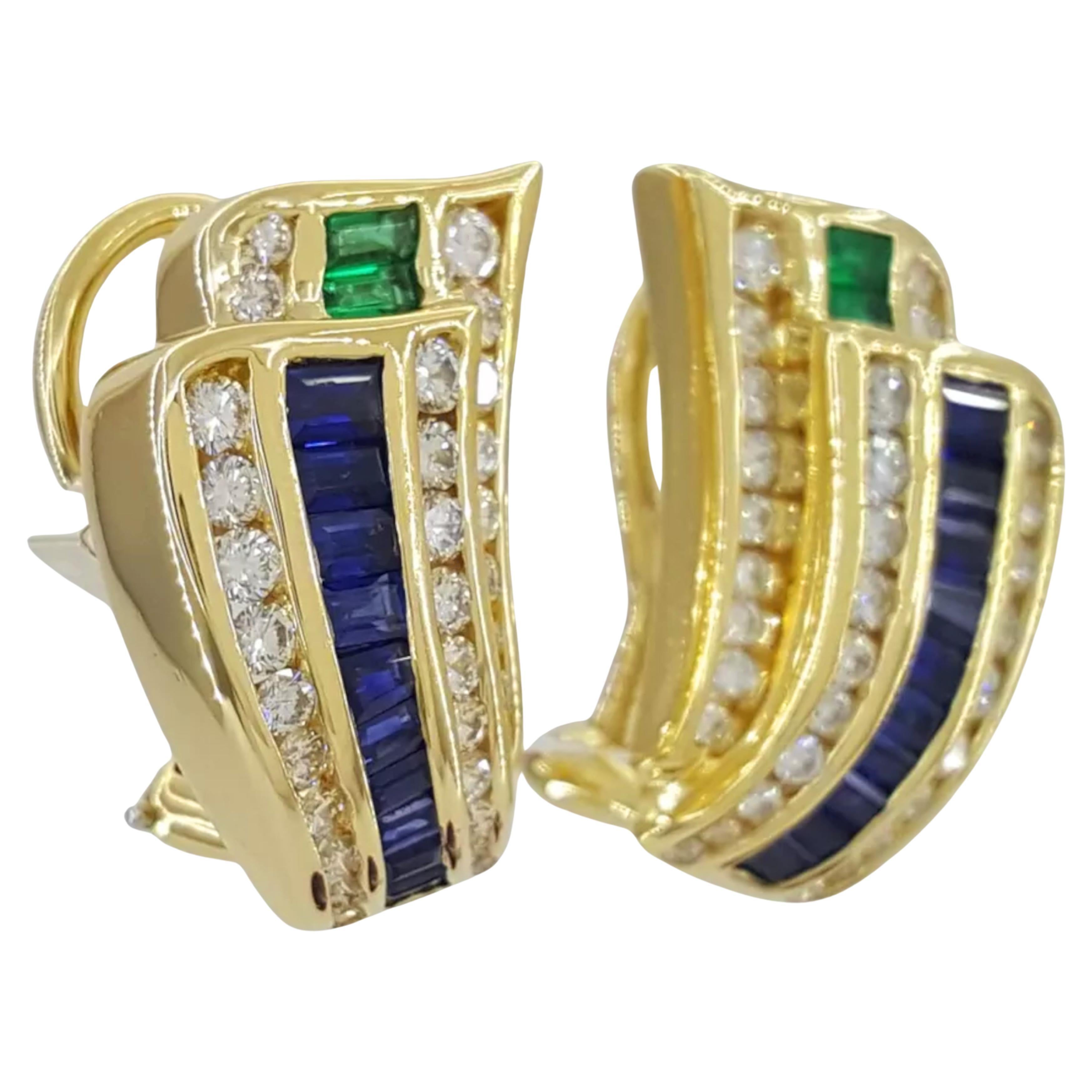 Contemporary Krypell Blue Sapphire Emerald Yellow Gold Earrings For Sale