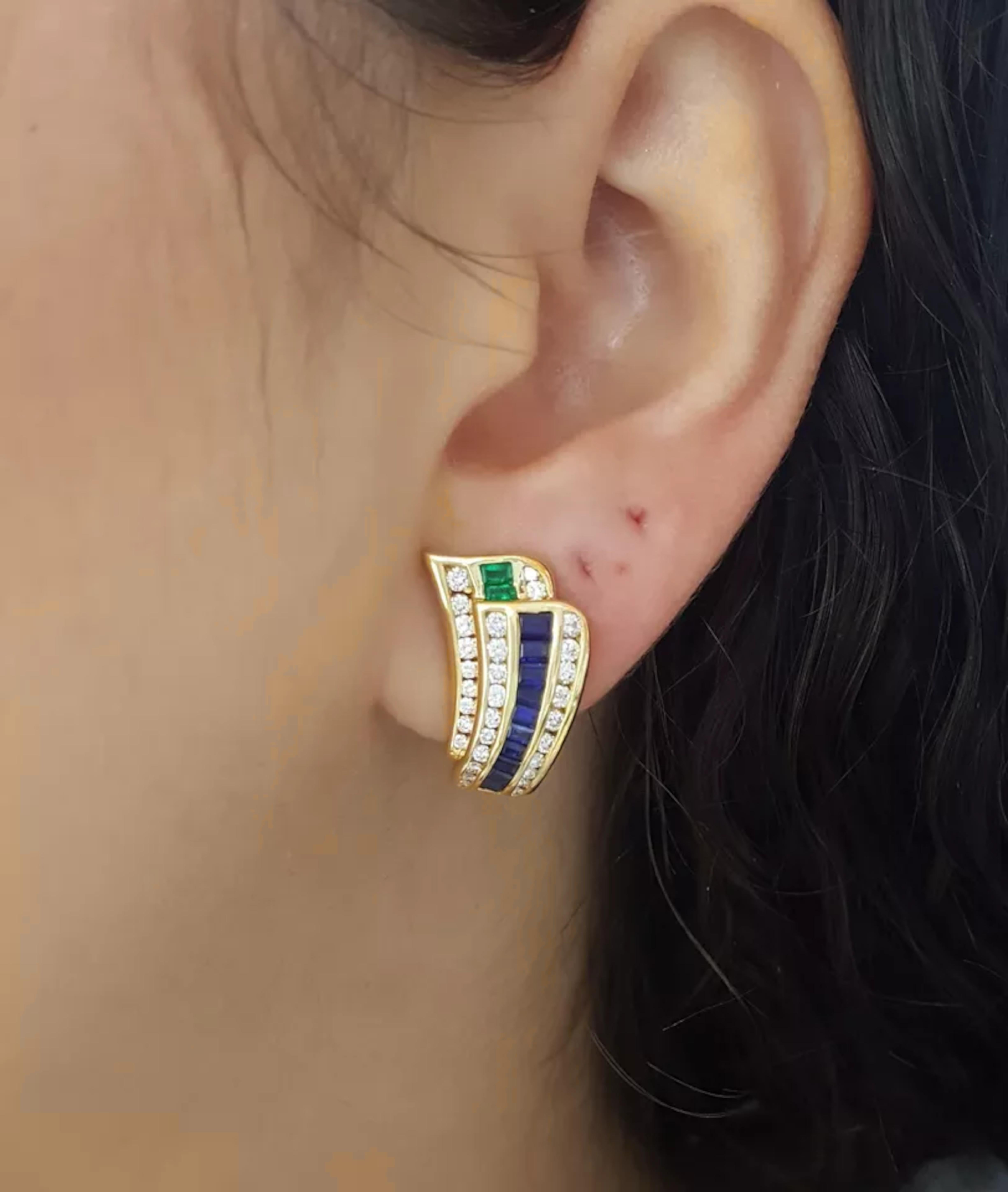 Baguette Cut Krypell Blue Sapphire Emerald Yellow Gold Earrings For Sale
