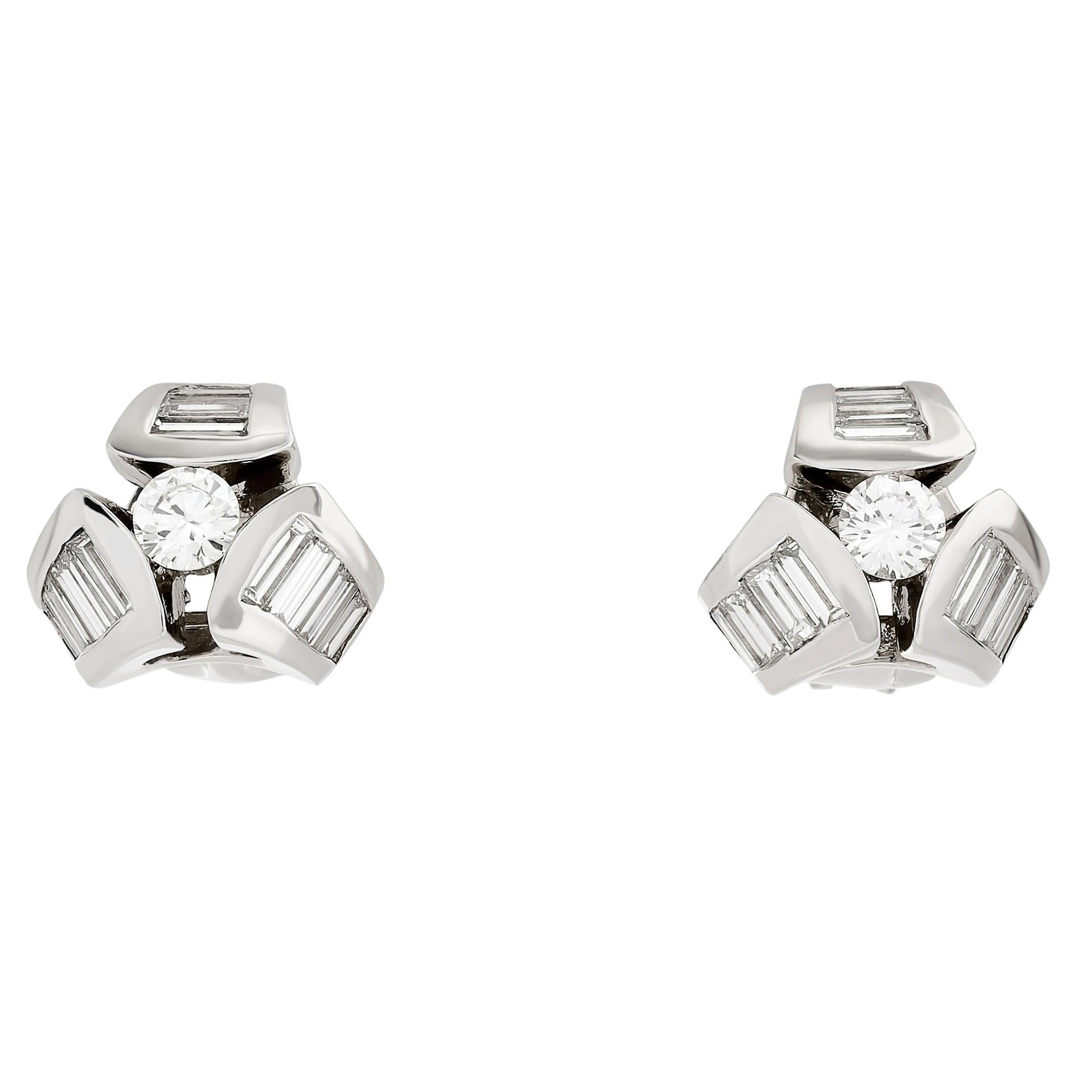 Krypell Platinum Round and Baguette Diamond Earrings For Sale