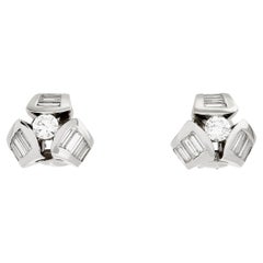 Krypell Platinum Round and Baguette Diamond Earrings