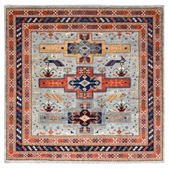 Alfombra oriental de lana 200 KPSI anudada a mano de diseño caucásico gris krypton 9'9 "x9'10