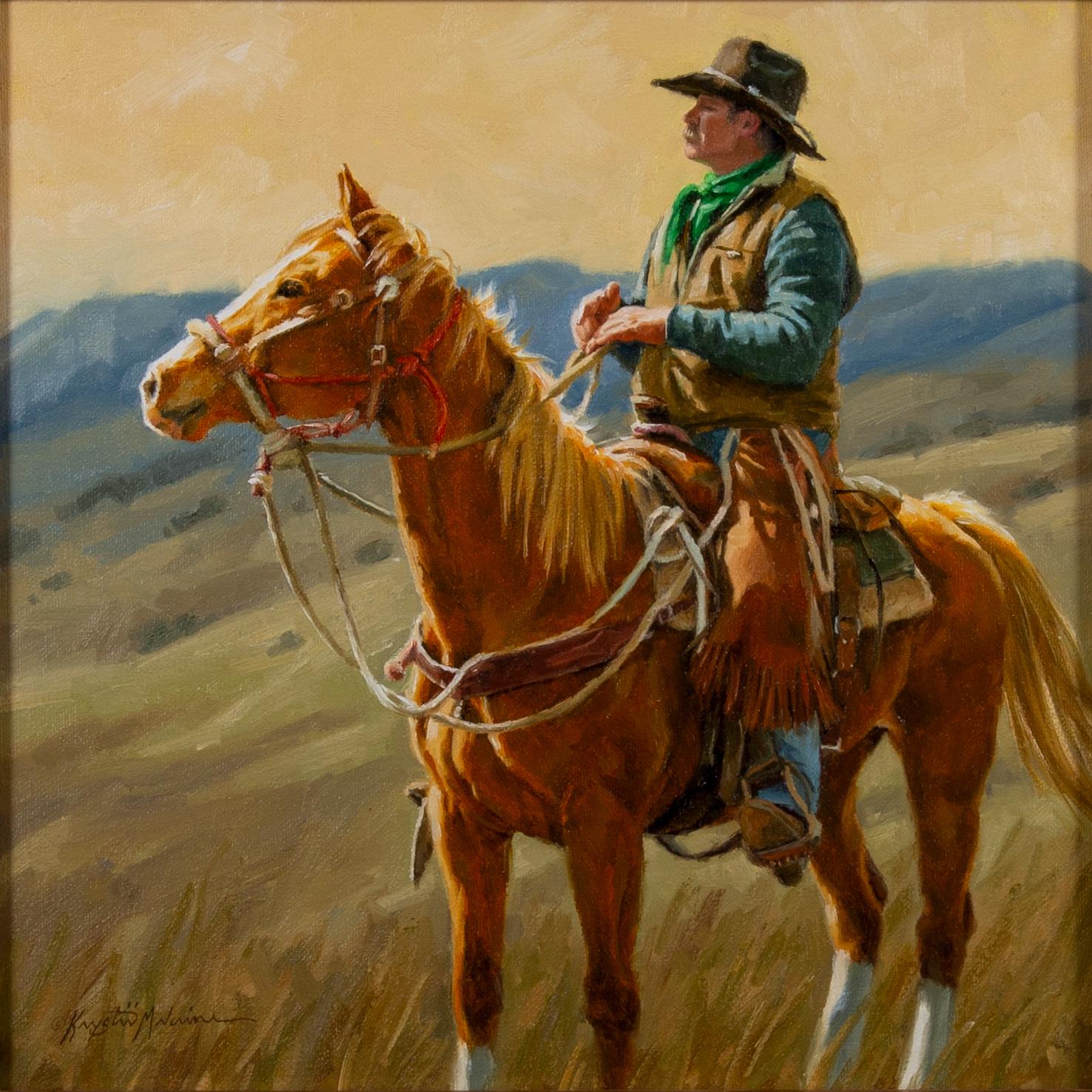 Can You See 'Em, Cowboy on Horseback, peinture à l'huile sur toile, art occidental - Painting de Krystii Melaine