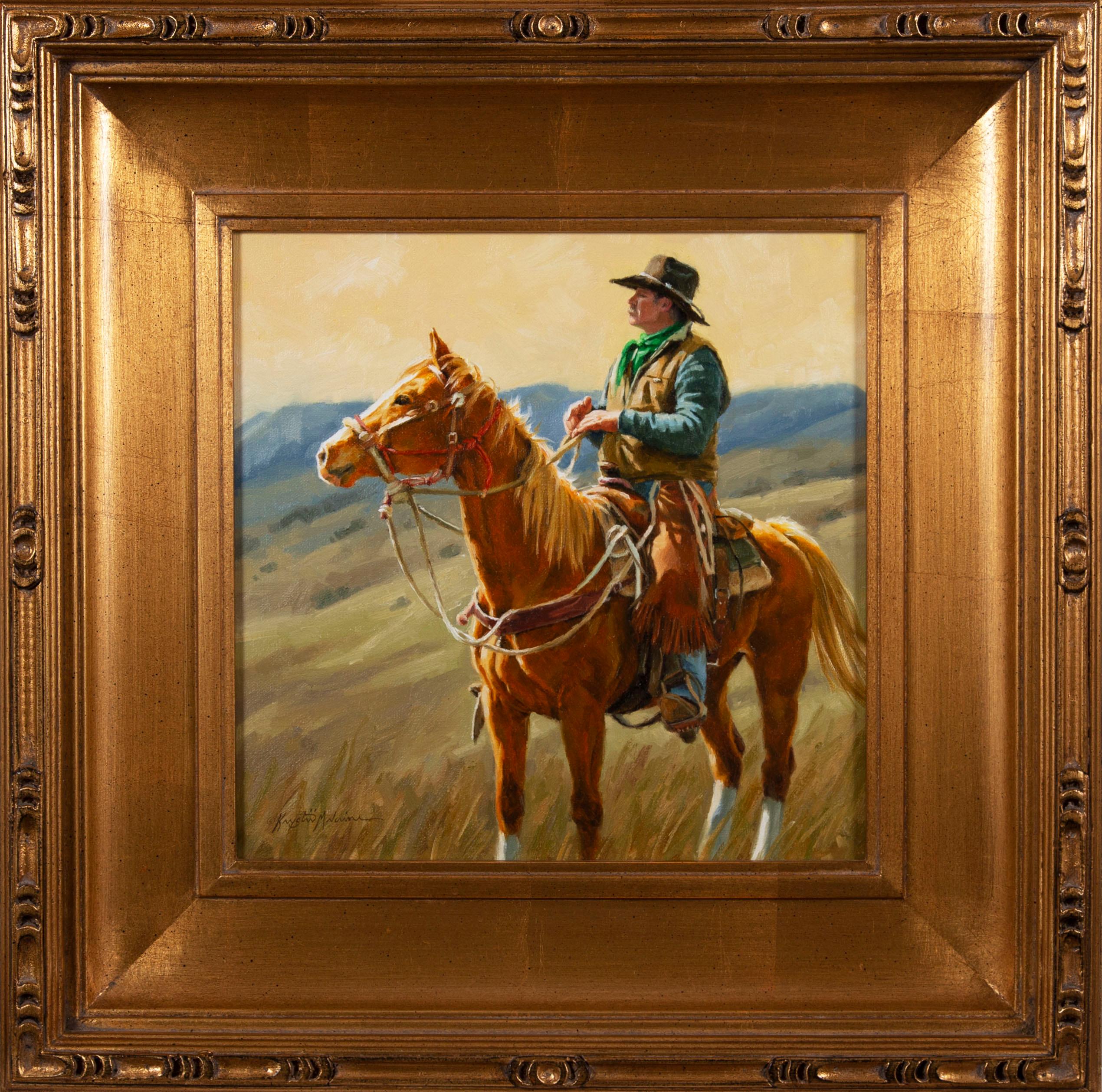 Krystii Melaine Figurative Painting - Can You See 'Em, Cowboy on Horseback, Oil Painting on Canvas, Western Art