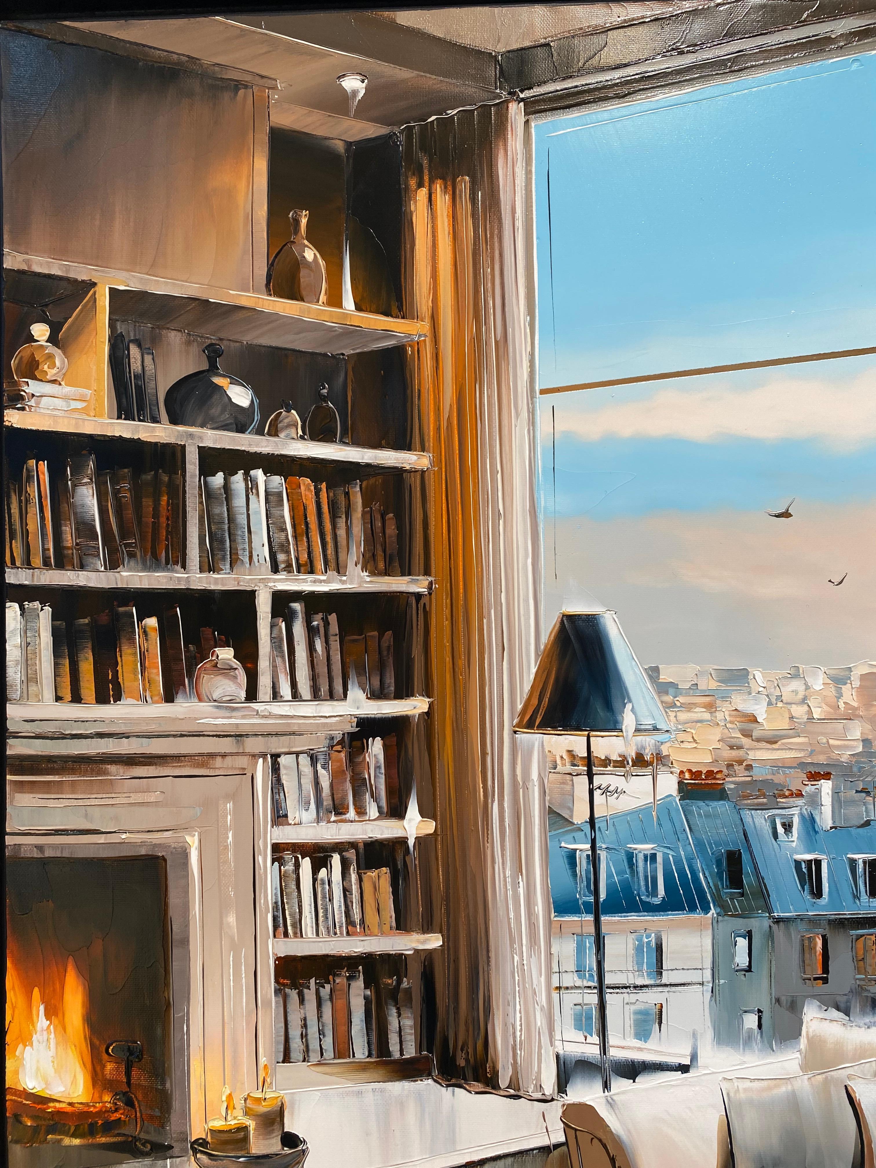 Au coin du feu - Gris Figurative Painting par Krystoff Antier