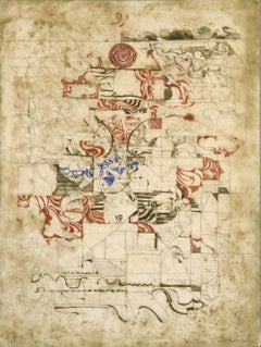 Gravure abstraite sphérique architecturale avec couleurs ajoutées à la main - Encre sur papier