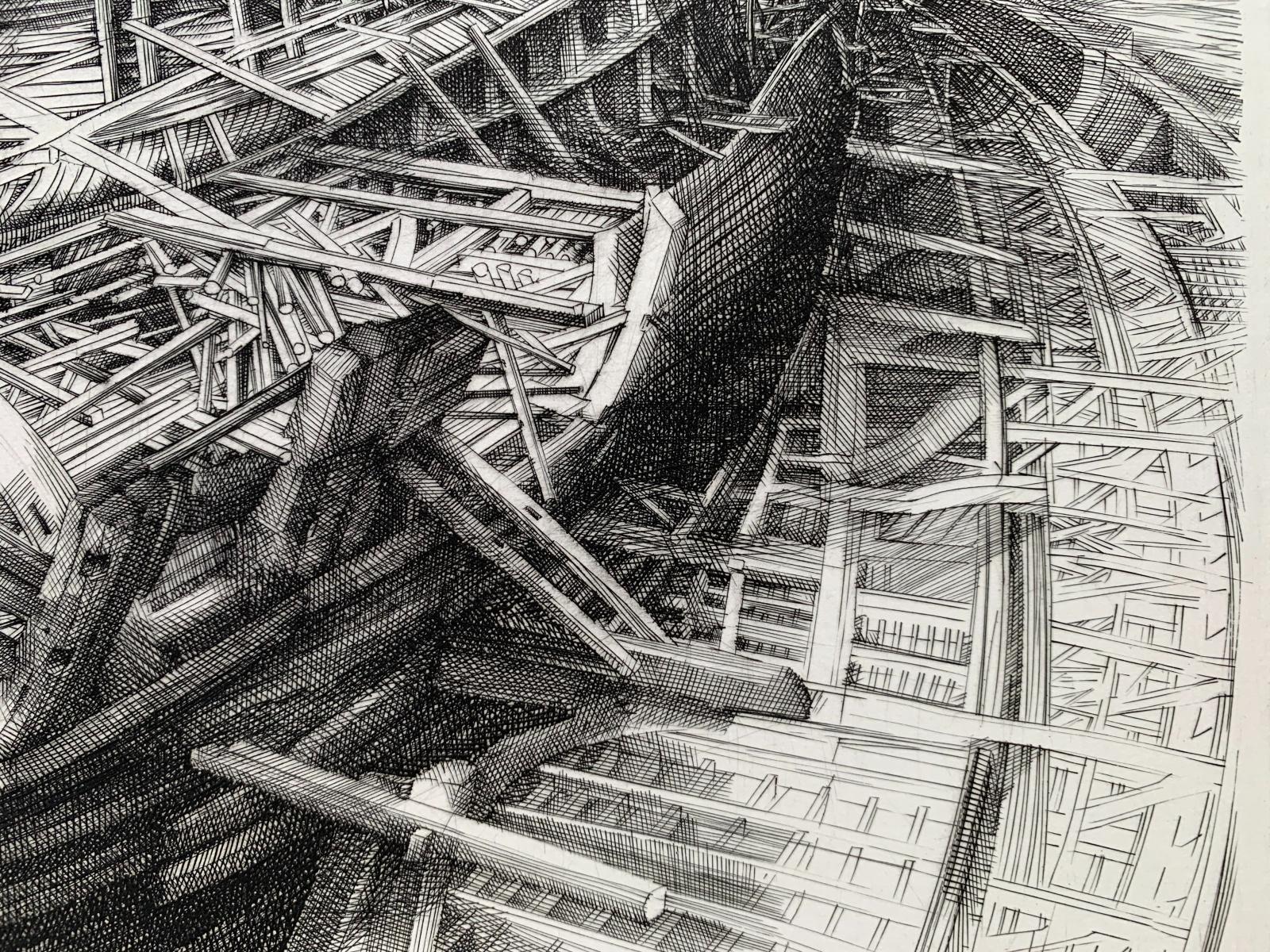 Building of an ark - 21st Century Figurative Copperplate Print, Architecture - Gray Figurative Print by Krzysztof Skorczewski