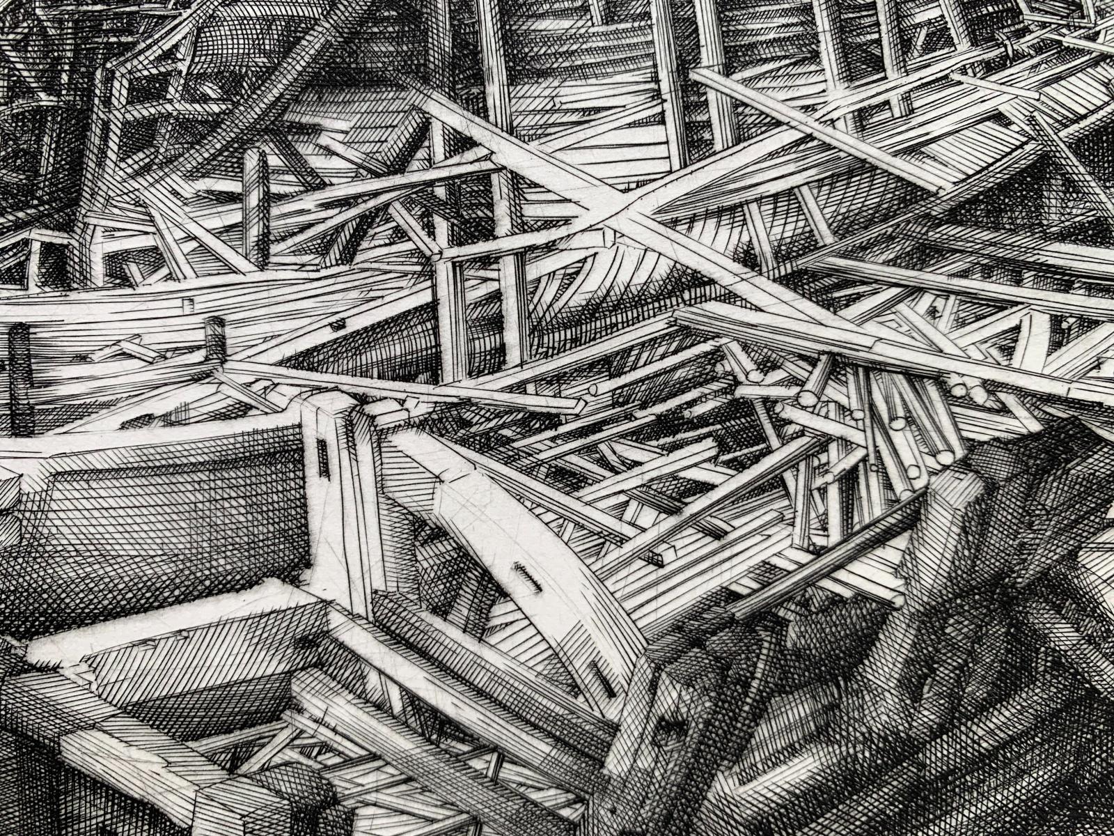 Building of an ark - 21st Century Figurative Copperplate Print, Architecture 1