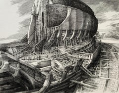 Building of an ark - 21st Century Figurative Copperplate Print, Architecture