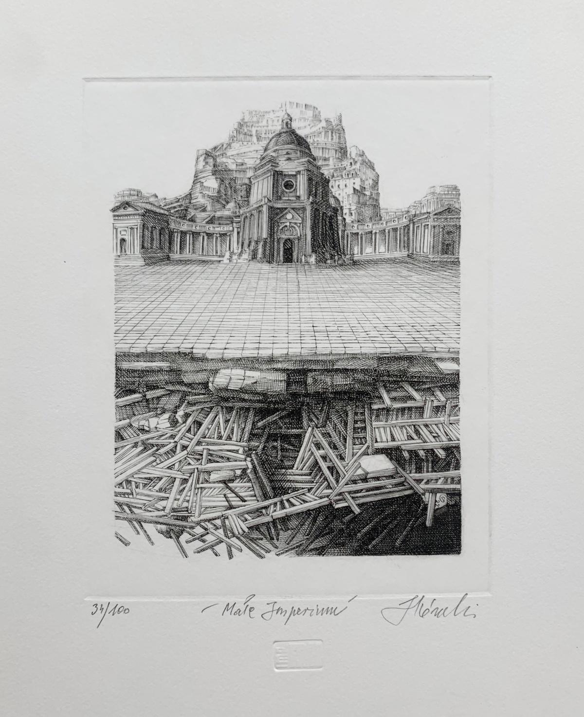 Little Empire. Figurative Copperplate Print, Architecture, Polish artist - Gray Figurative Print by Krzysztof Skorczewski