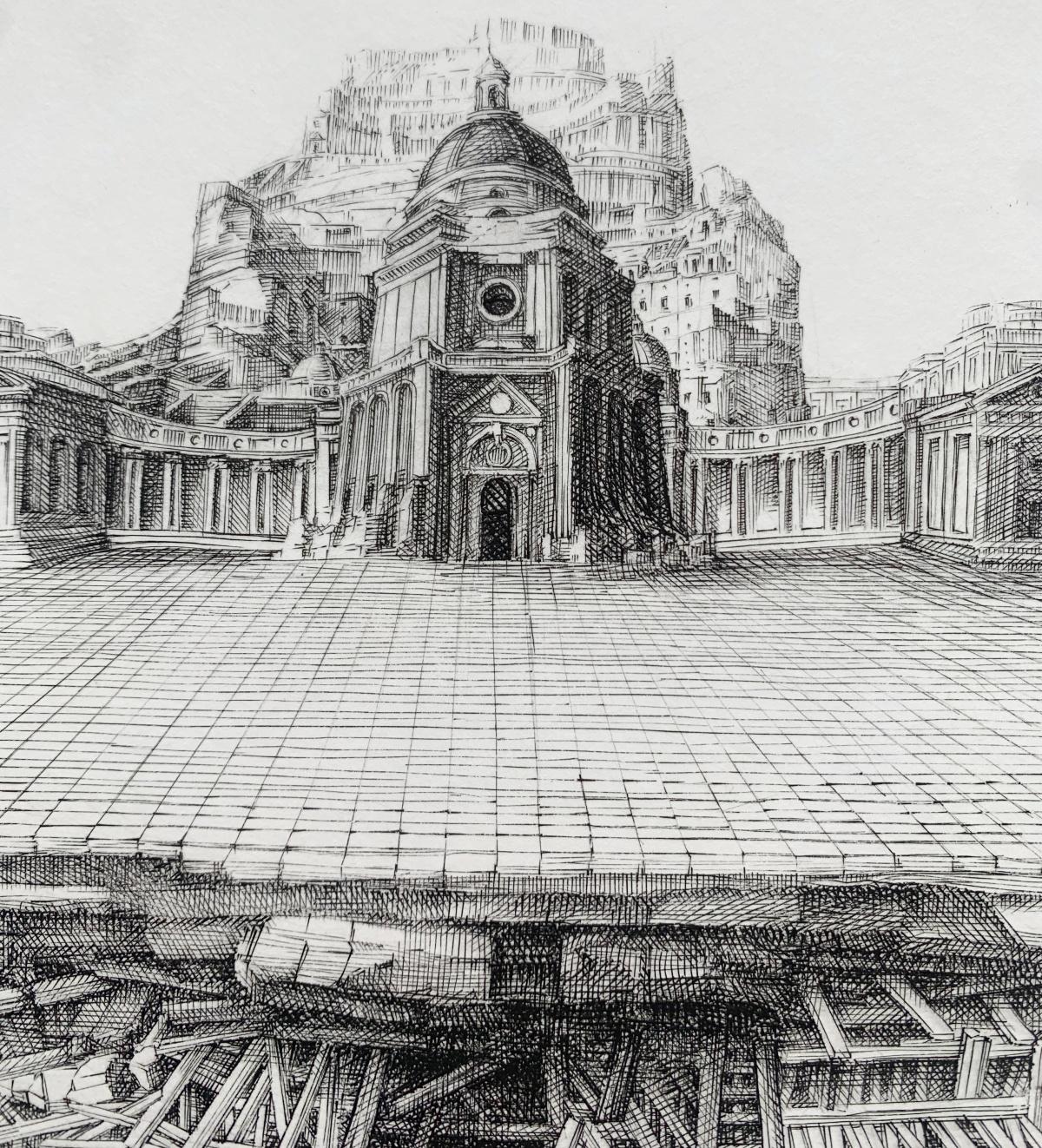 Contemporary black and white figurative limited edition copperplate print by Polish artist Krzysztof Skorczewski. Print depicts an imaginary architecture. Title of this artwork is 'Little Empire'. 

KRZYSZTOF SKORCZEWSKI (born in 1947)
He studied